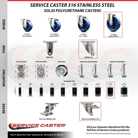 Service Caster 5 Inch 316SS Solid Poly Swivel 1-3/4 Inch Expanding Stem Caster Lock Brake, 2PK SCC-SS316TTLEX20S514-SPUS-2-S-2-134